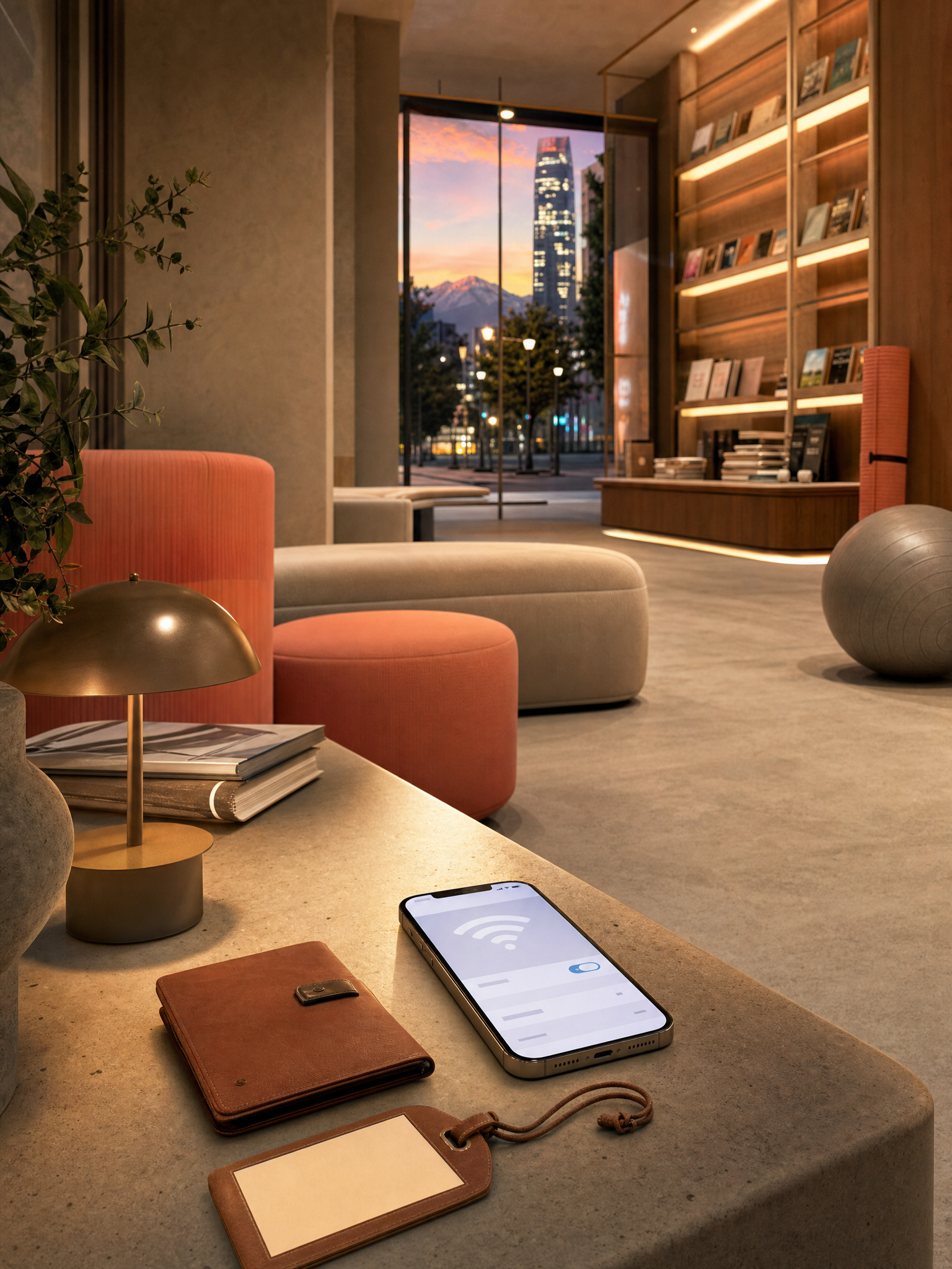 Secured phone and travel essentials in a quiet Santiago wellness lobby