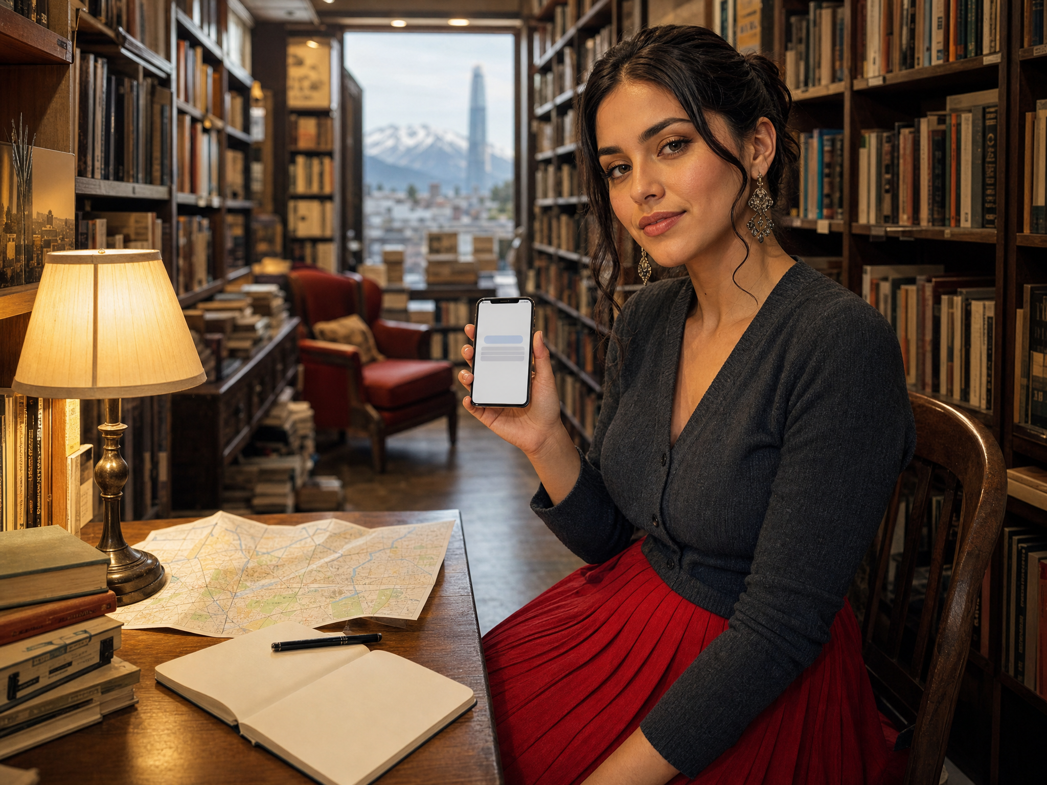 Adult woman drafts a concise message beside a simple Santiago area map in a bookstore