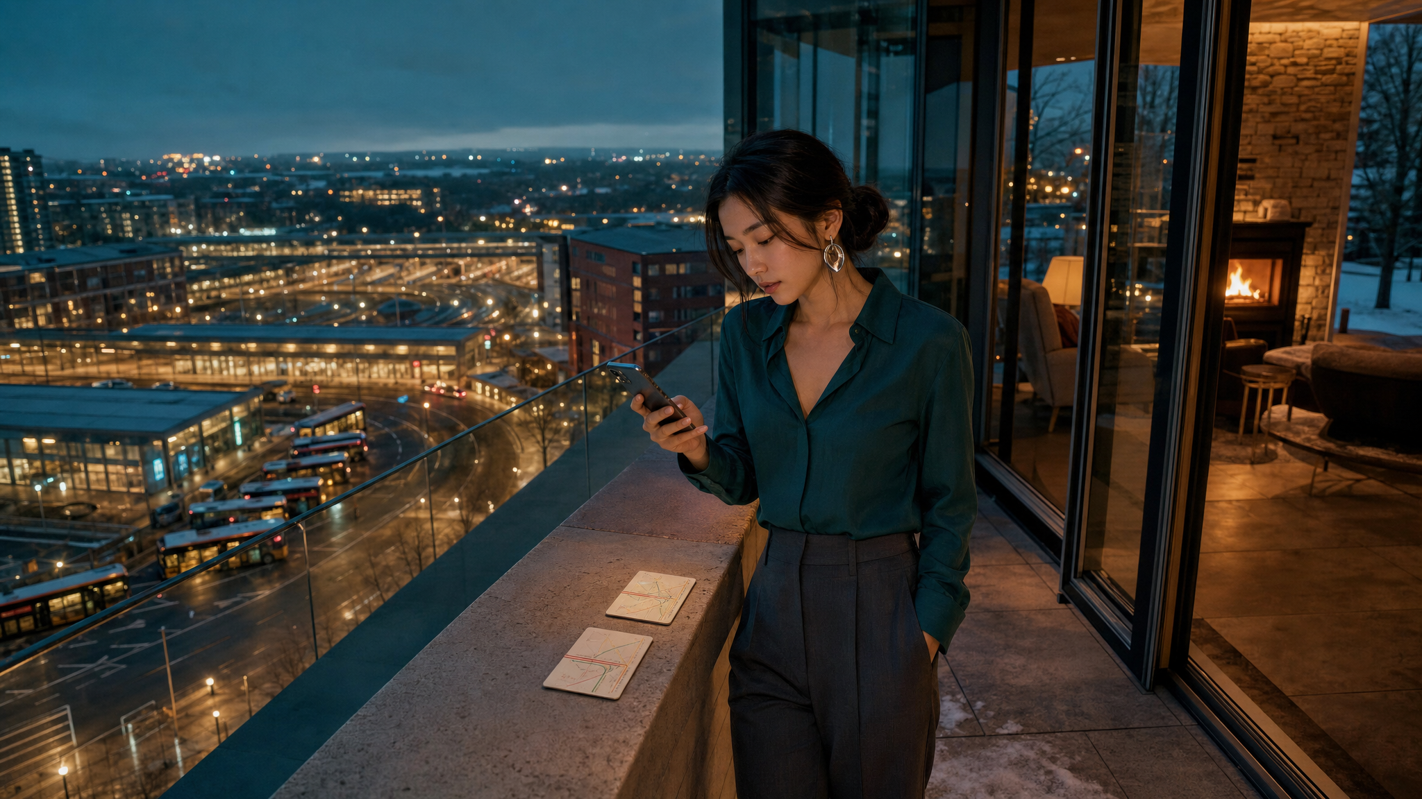 Adult woman compares abstract location filters on a phone from a Midlands penthouse balcony.
