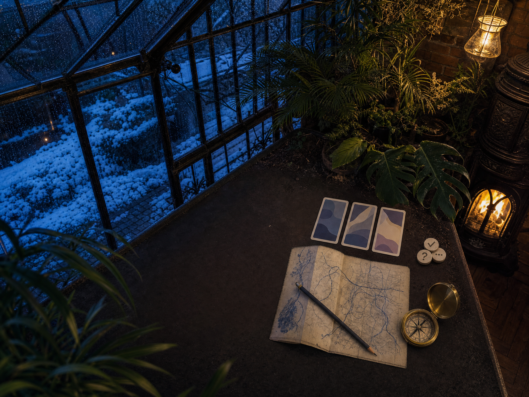 Overhead comparison flat-lay with route sketch and abstract listing cards in a Midlands greenhouse.