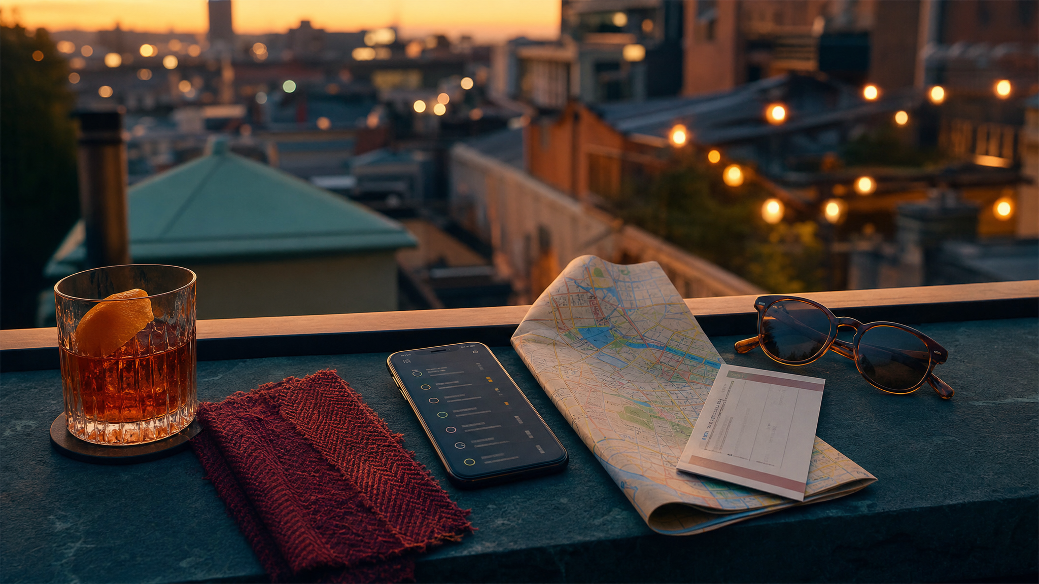 Melbourne travel items and an abstract shortlist checklist arranged on a rooftop ledge