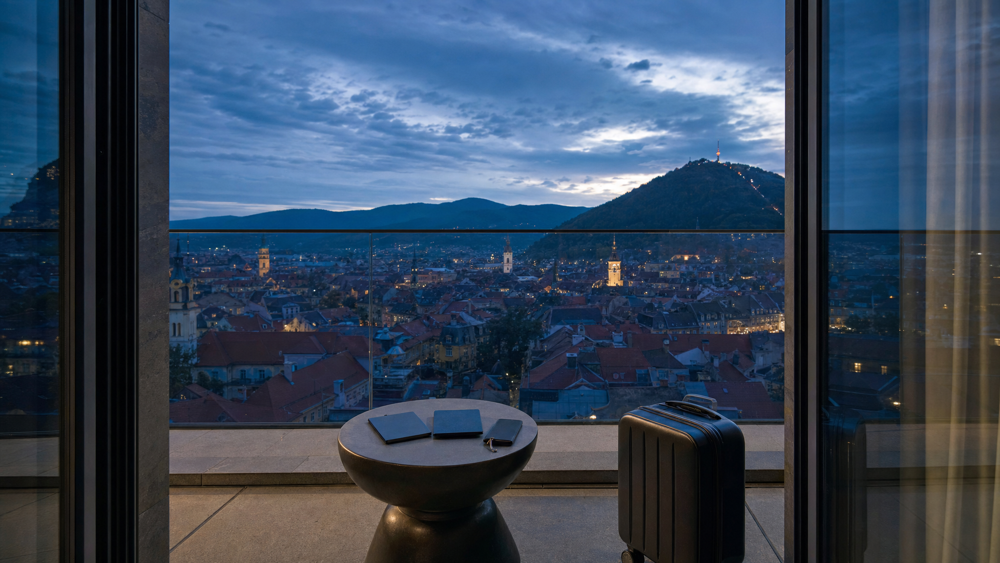 Empty Brasov penthouse balcony with route cards and a carry-on for comparing travel options
