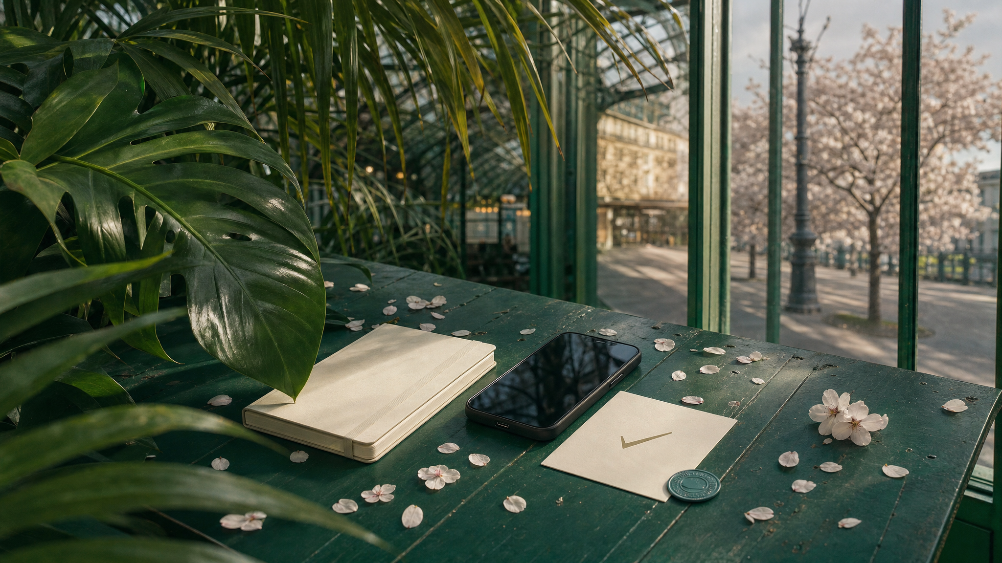 Phone, notebook, and abstract check card on a greenhouse potting bench in St. Petersburg