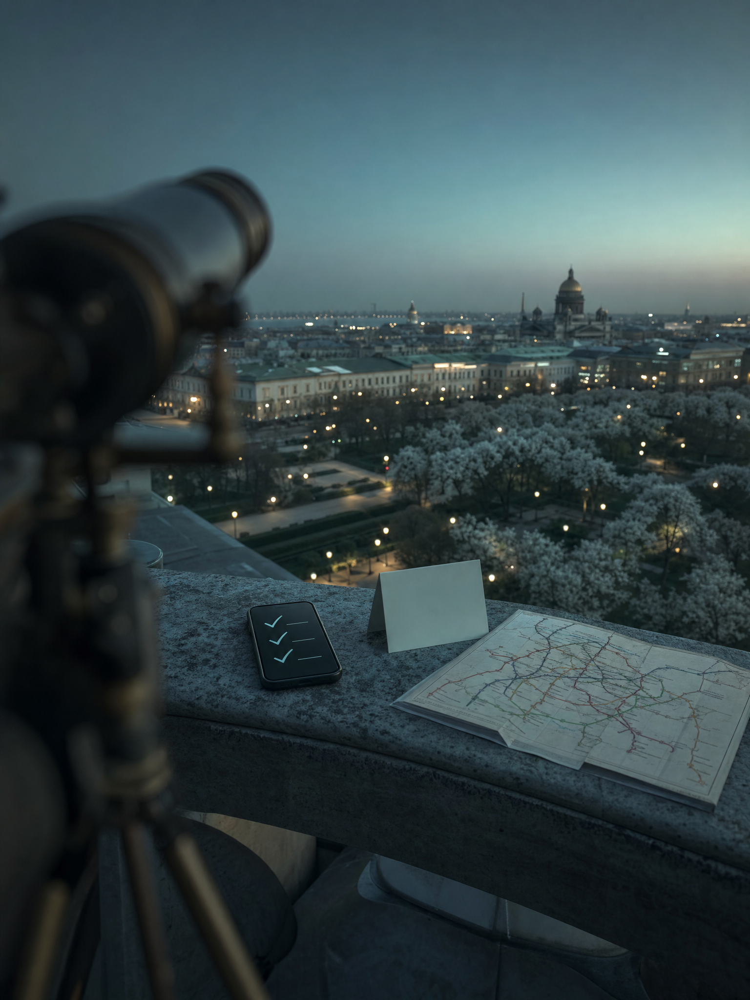 Telescope silhouette and phone with abstract check marks on a St. Petersburg viewing deck